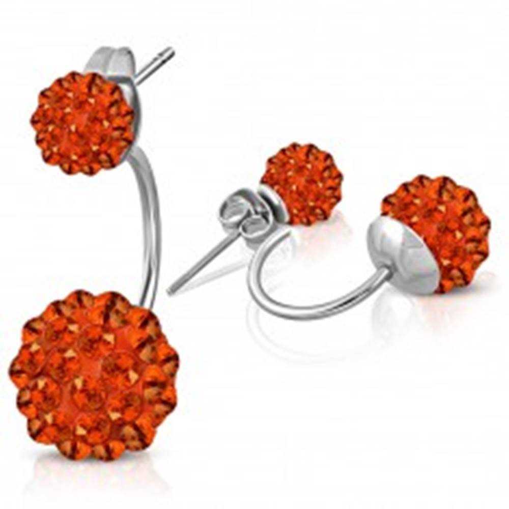Šperky eshop Oceľové náušnice striebornej farby, dve Shamballa guľôčky s oranžovými zirkónmi