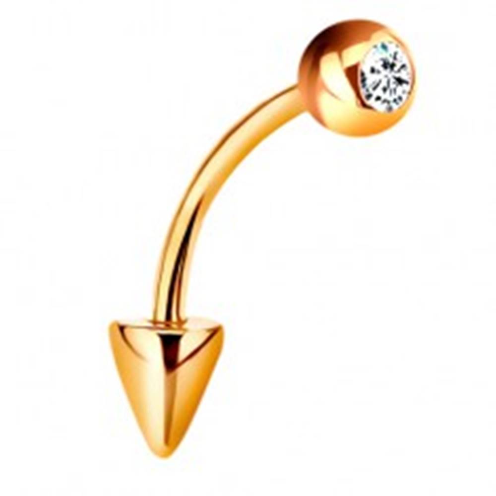 Šperky eshop Piercing v žltom 14K zlate - zahnutá činka s guličkou a kužeľom, číry zirkón, 10 mm