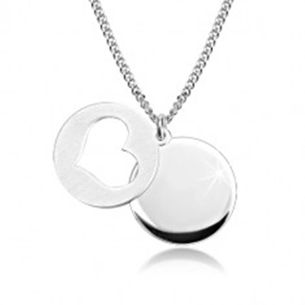 Šperky eshop Strieborný 925 náhrdelník - lesklý kruh, matný kruh so srdiečkovým výrezom