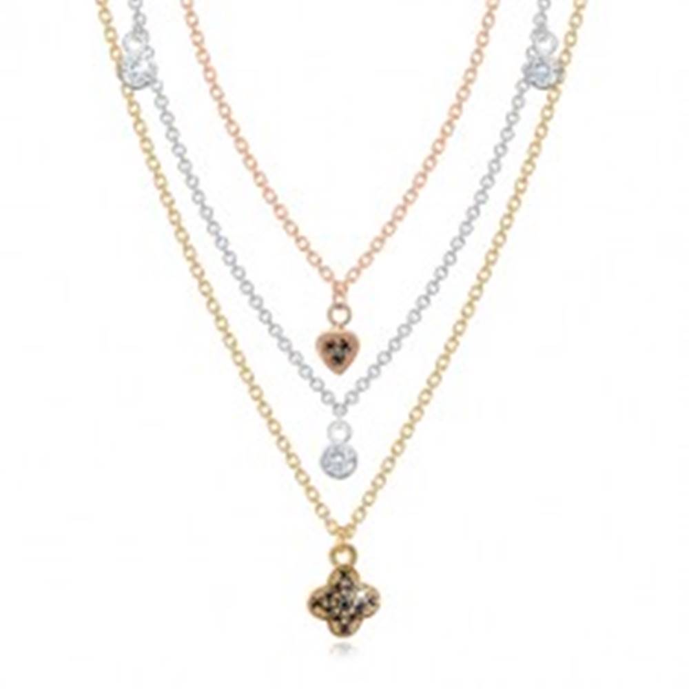 Šperky eshop Strieborný náhrdelník 925 - trojfarebné retiazky s príveskami, číre a čierne zirkóny