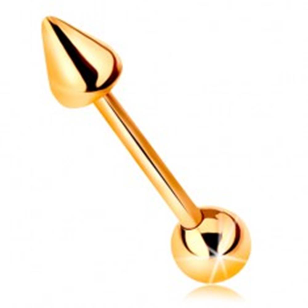 Šperky eshop Zlatý 14K piercing - lesklá rovná činka s guličkou a kužeľom, 10 mm