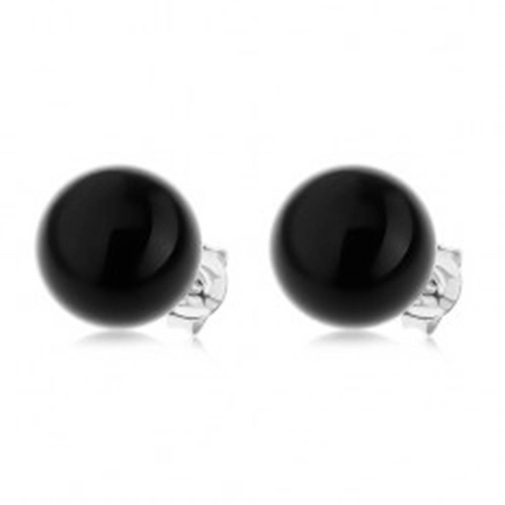 Šperky eshop Náušnice zo striebra 925, lesklá guľatá perla čiernej farby, 10 mm