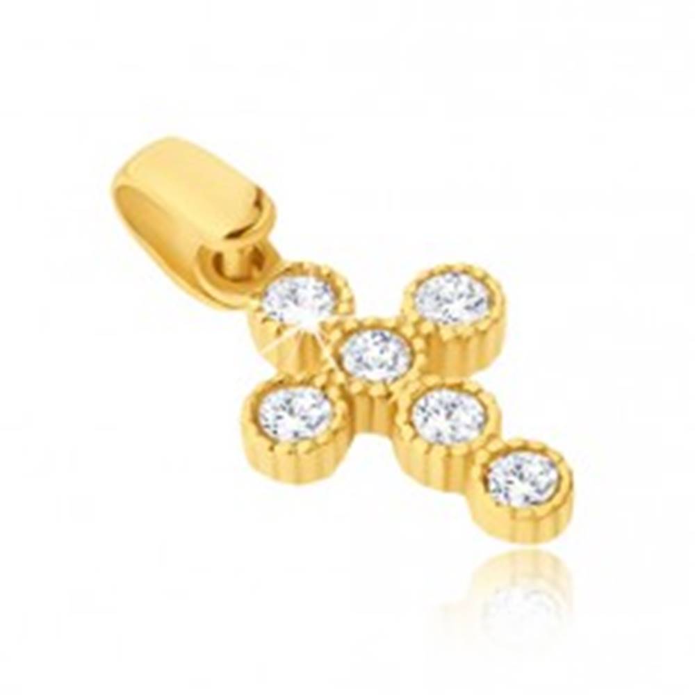 Šperky eshop Prívesok v žltom 14K zlate - krížik s okrúhlymi zirkónmi v objímkach