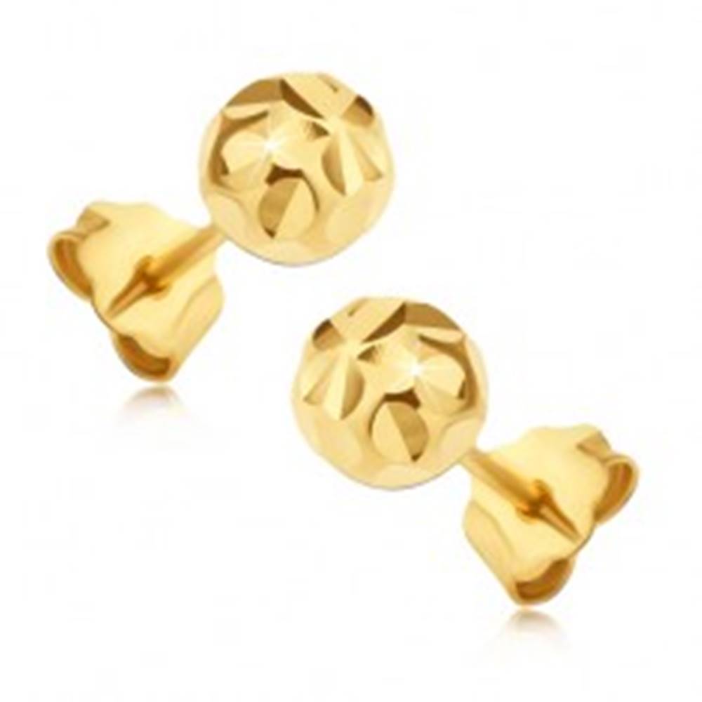 Šperky eshop Zlaté 14K puzetové náušnice - guľôčky s lúčovitým kvetom