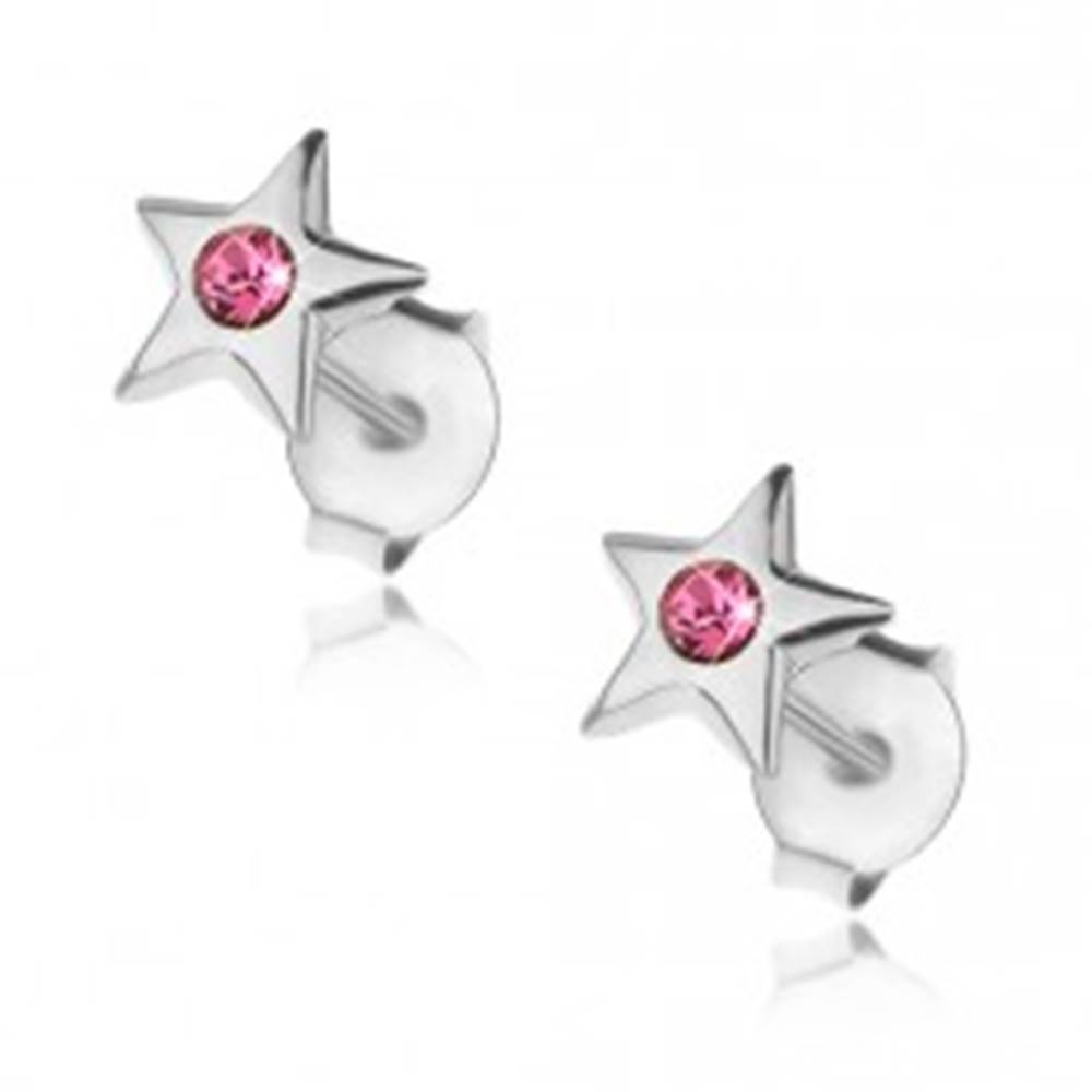 Šperky eshop Strieborné náušnice 925, lesklá hviezdička s krištálikom v ružovom odtieni