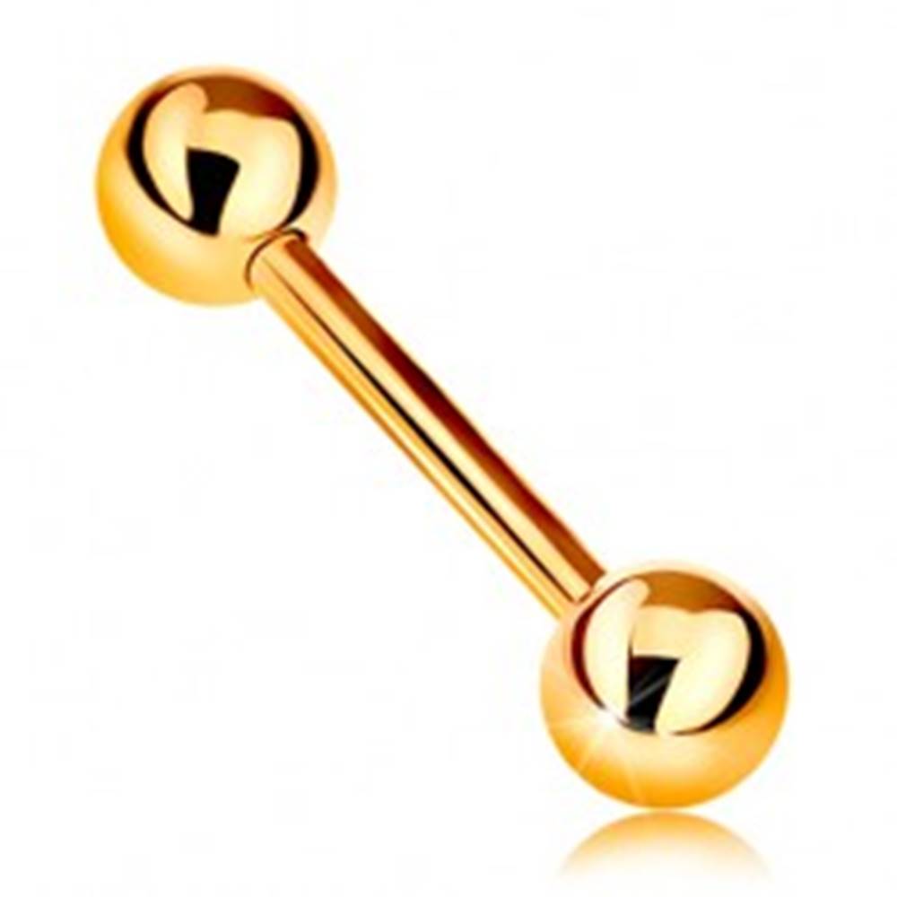 Šperky eshop Zlatý 14K piercing - barbell s dvoma lesklými guličkami, žlté zlato, 12 mm