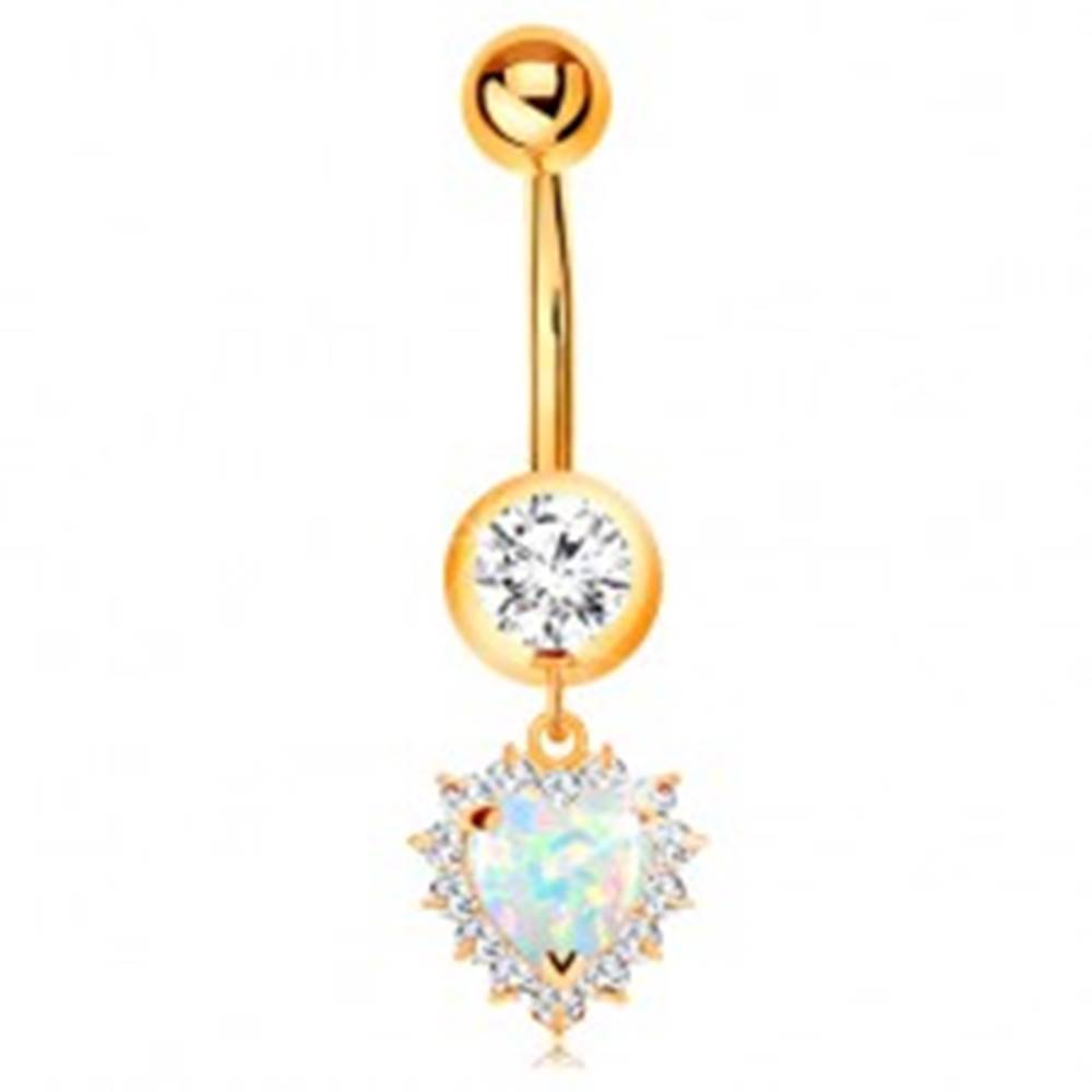 Šperky eshop Zlatý 14K piercing do pupku - okrúhly zirkón v objímke, opálové srdce s čírym lemom