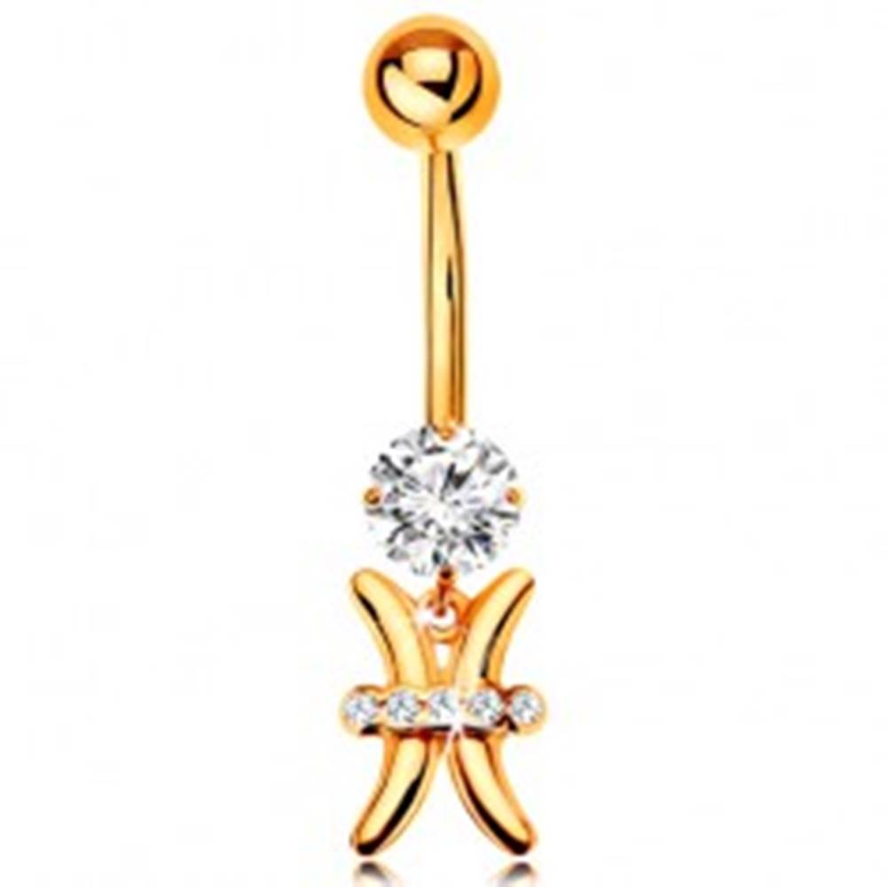 Šperky eshop Zlatý 585 piercing do bruška - číry zirkón, lesklý symbol zverokruhu - RYBY