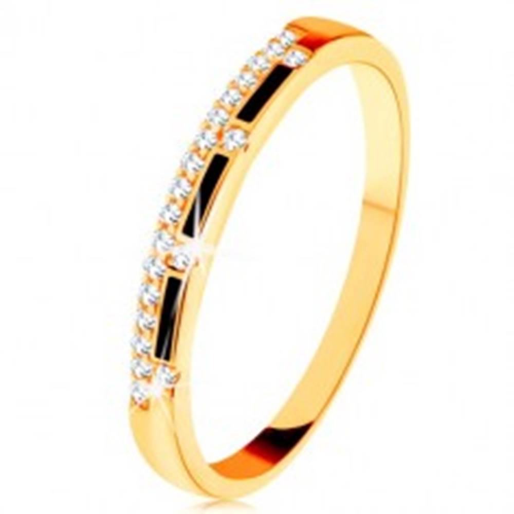 Šperky eshop Prsteň zo žltého 9K zlata - pásy čiernej glazúry, číra zirkónová línia - Veľkosť: 50 mm