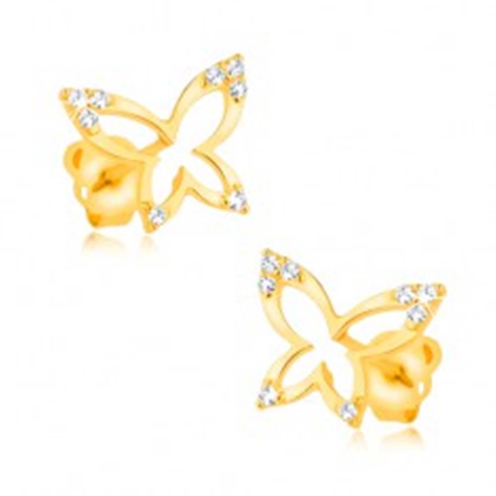 Šperky eshop Zlaté náušnice 375 - lesklá kontúra motýľa, zirkónové cípy krídel