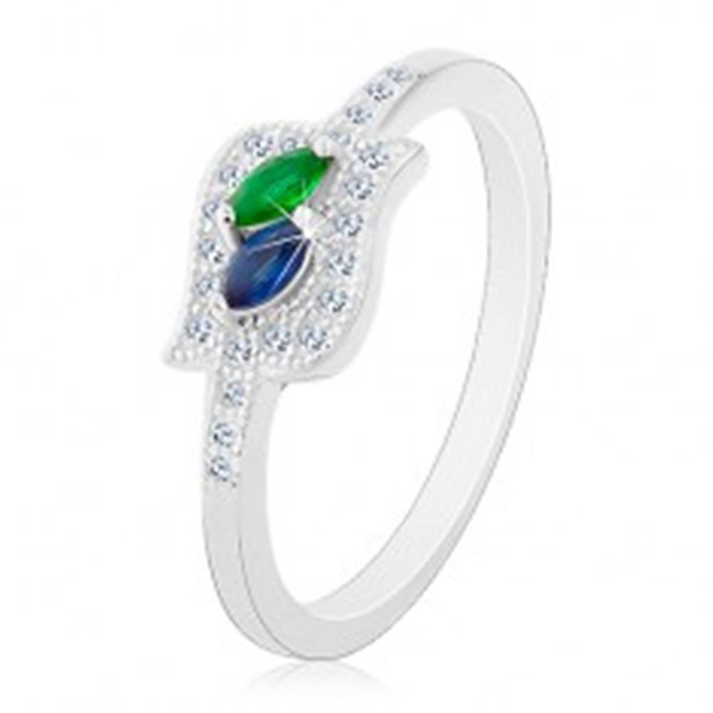 Šperky eshop Strieborný prsteň 925, modré a zelené zirkónové zrnko v čírej kontúre, ródiovaný - Veľkosť: 48 mm