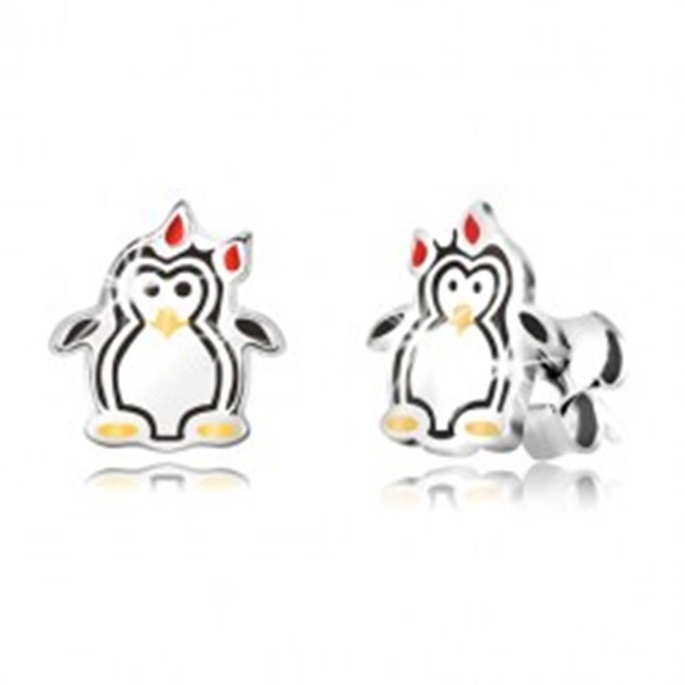 Šperky eshop Strieborné náušnice 925 - lesklý tučniak s mašličkou, trojfarebná glazúra