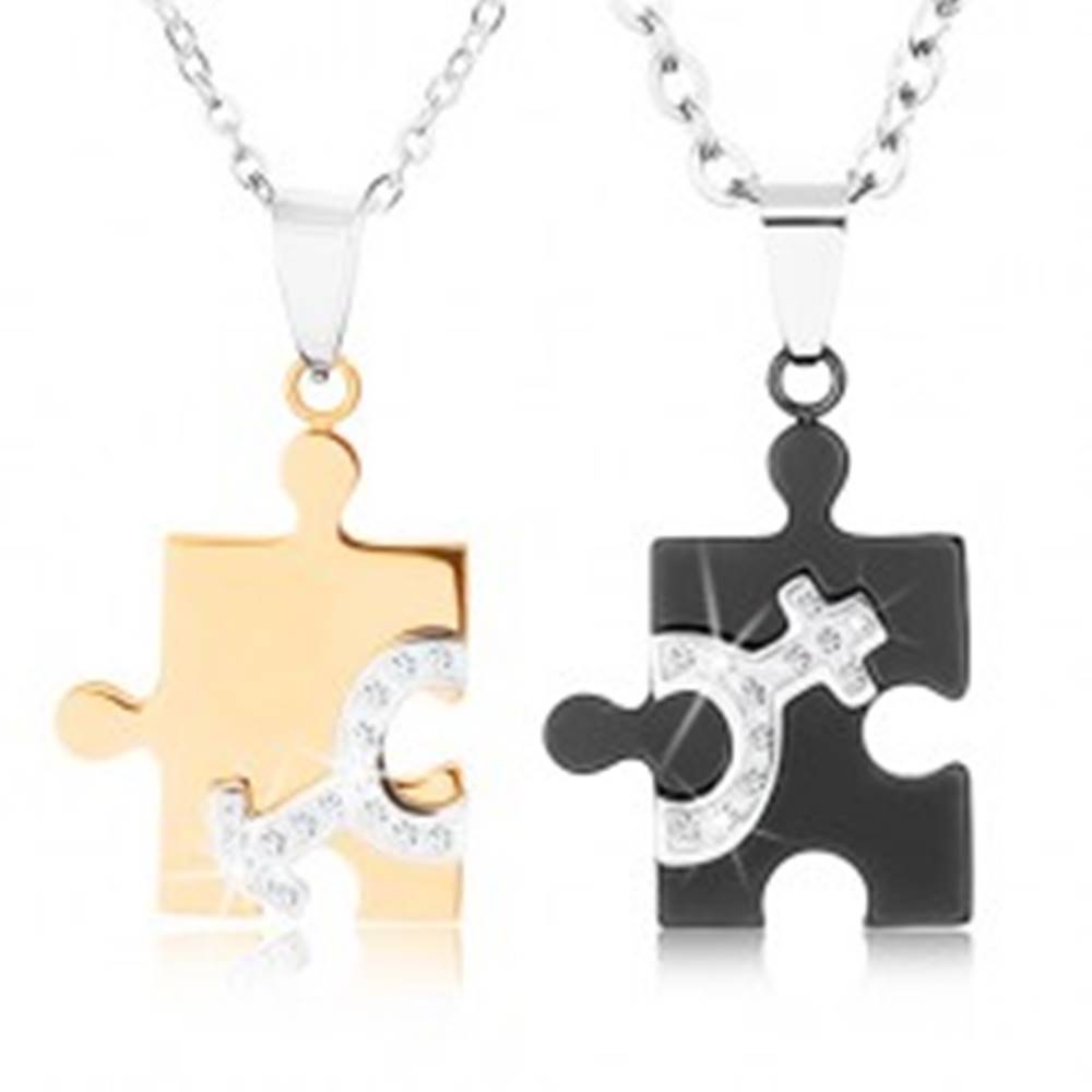 Šperky eshop Náhrdelníky z ocele 316L pre dvojicu, puzzle v dvoch farbách, symboly ON a ONA