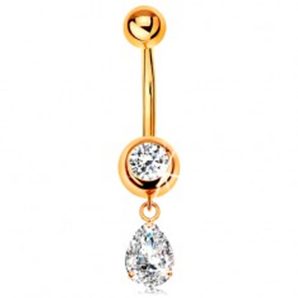 Šperky eshop Zlatý 375 piercing do pupku - okrúhly zirkón v objímke, visiaca zirkónová slza