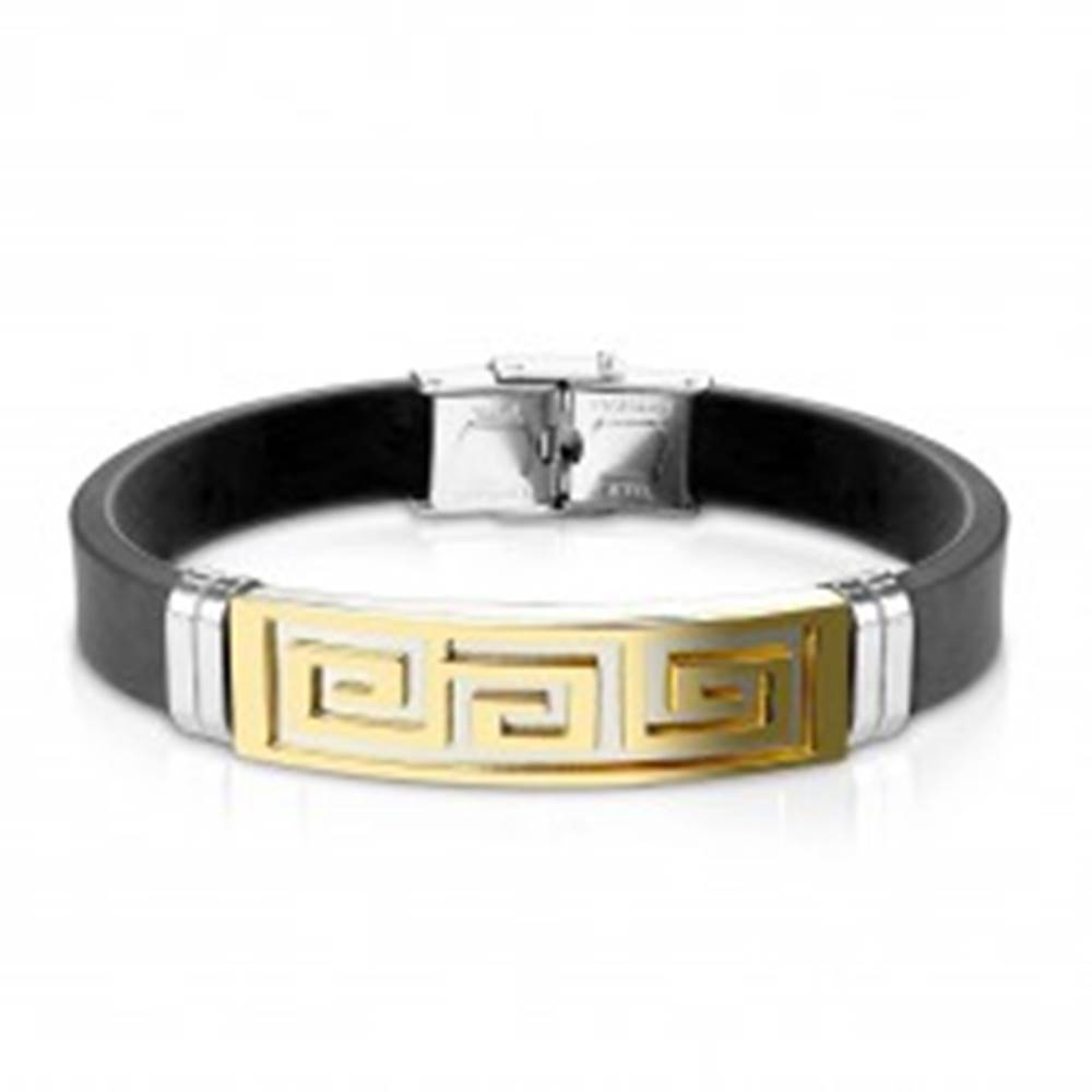 Šperky eshop Náramok z čiernej gumy, oceľová známka s gréckym kľúčom zlatej farby