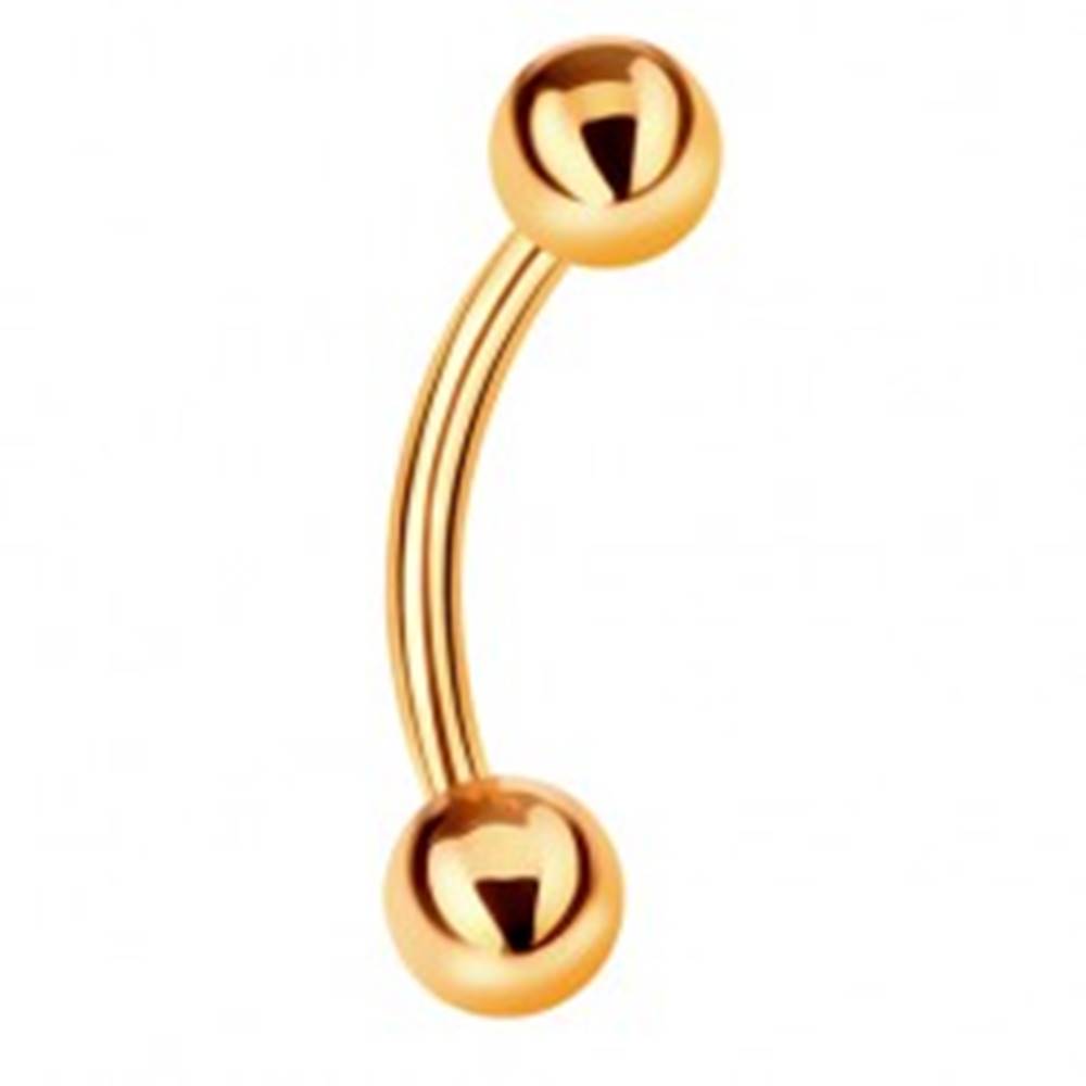 Šperky eshop Piercing zo žltého 9K zlata - dve lesklé hladké guľôčky, zahnutá činka, 12 mm