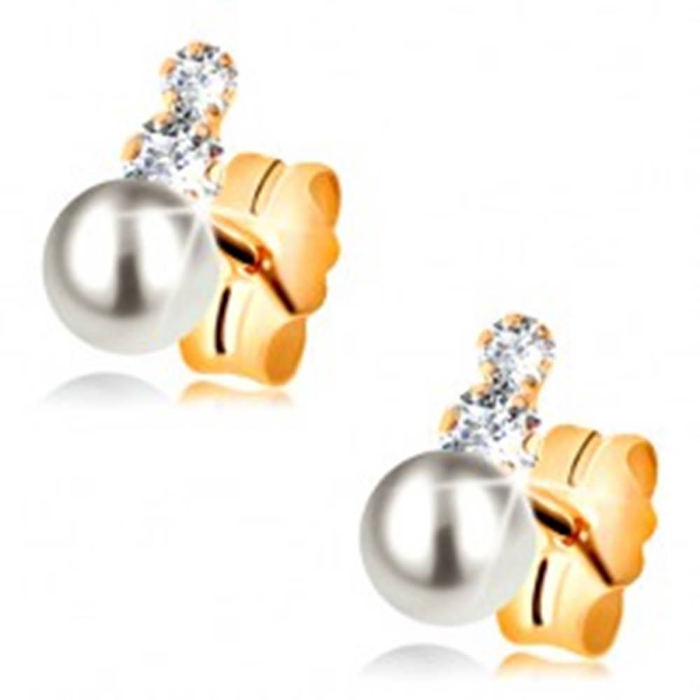 Šperky eshop Puzetové náušnice zo žltého 14K zlata - dva číre zirkóny a perla bielej farby