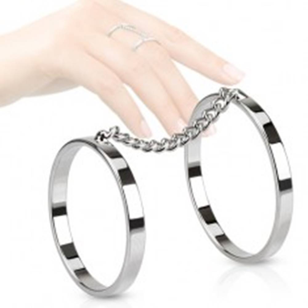 Šperky eshop Dvojitý prsteň z ocele, ródiované obrúčky spojené retiazkou - Veľkosť: 56 mm