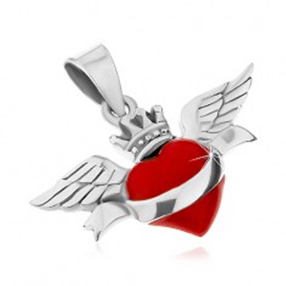 Šperky eshop Prívesok zo striebra 925, červené srdce so stuhou, korunkou a krídlami, patina