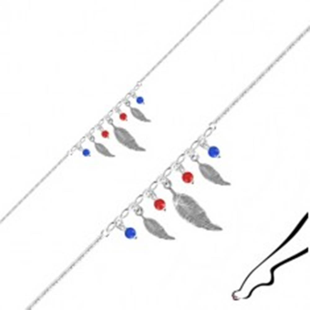 Šperky eshop Náramok na nohu zo striebra 925 - tri pierka, štyri guľôčky červenej a modrej farby