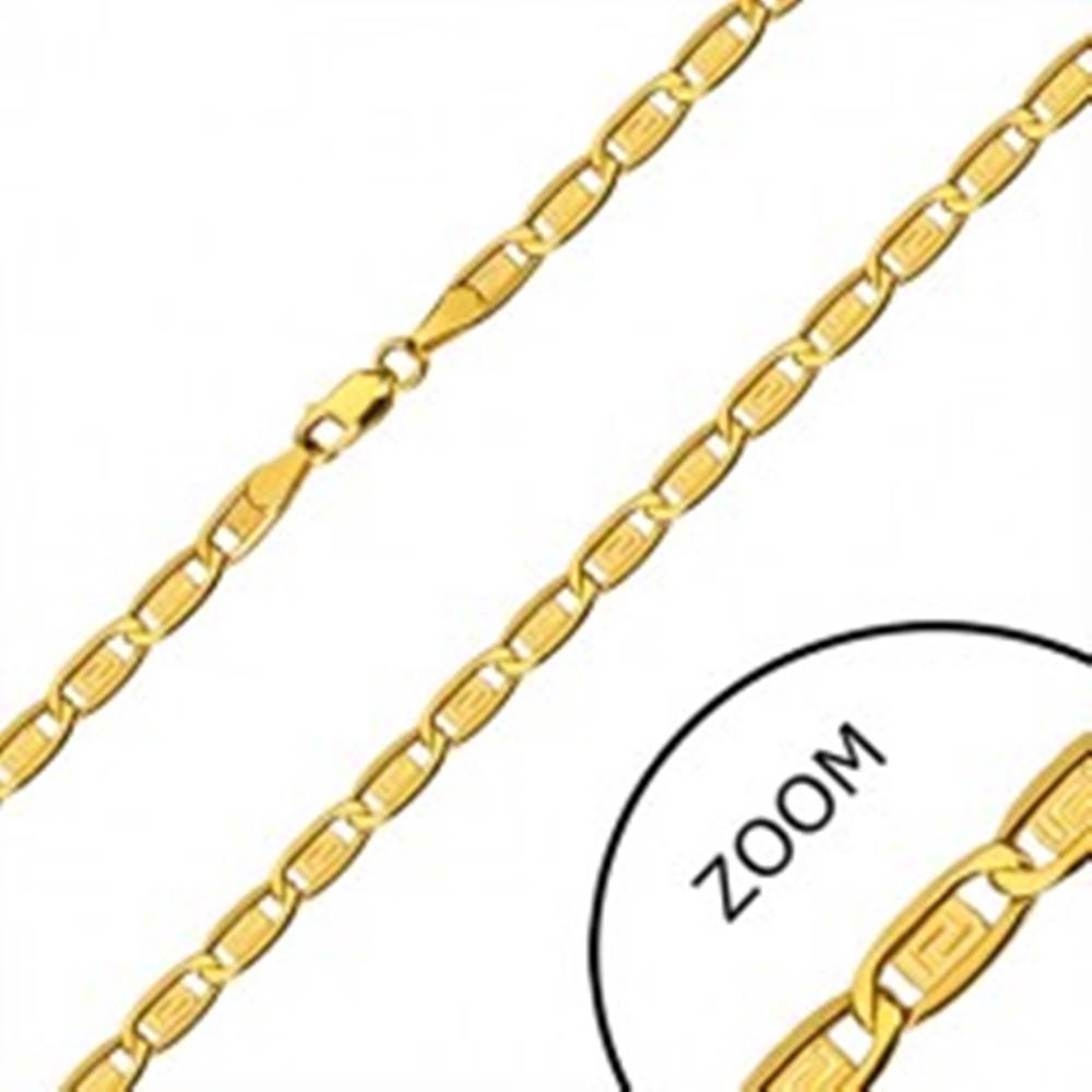 Šperky eshop Retiazka v 14K zlate - podlhovasté očká, články s gréckym kľúčom, 500 mm