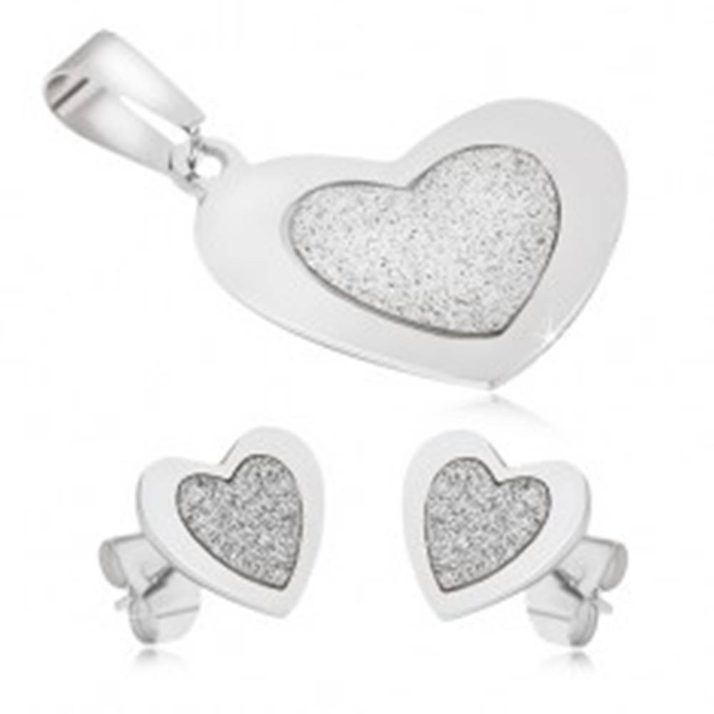 Šperky eshop Oceľový set - prívesok a náušnice, súmerné srdcia, pieskovaný stred