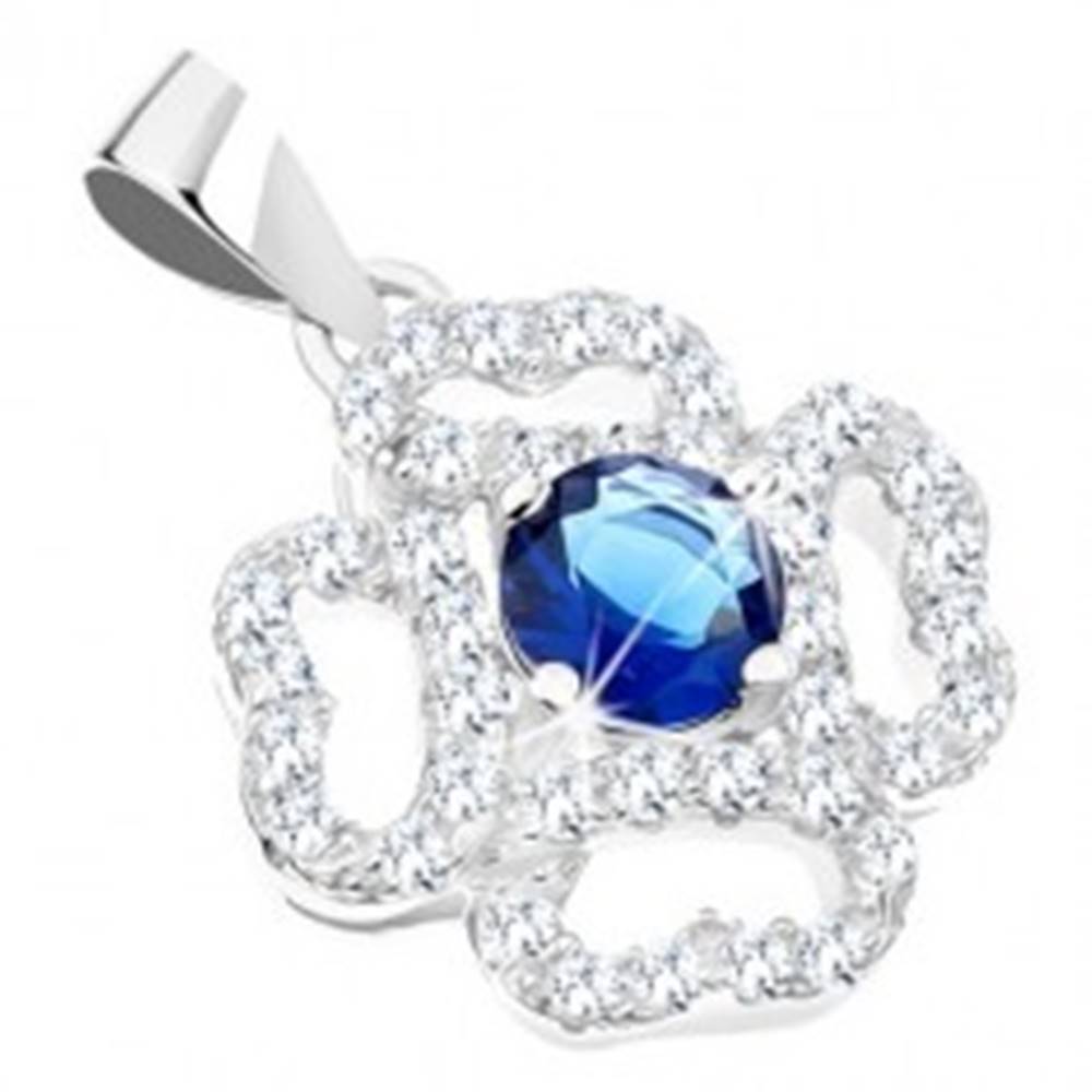 Šperky eshop Ródiovaný prívesok, striebro 925, kvet - číre zirkónové lupene, modrý stred