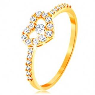 Zlatý prsteň 375 - zirkónové ramená, ligotavý číry obrys srdca so zirkónom - Veľkosť: 50 mm