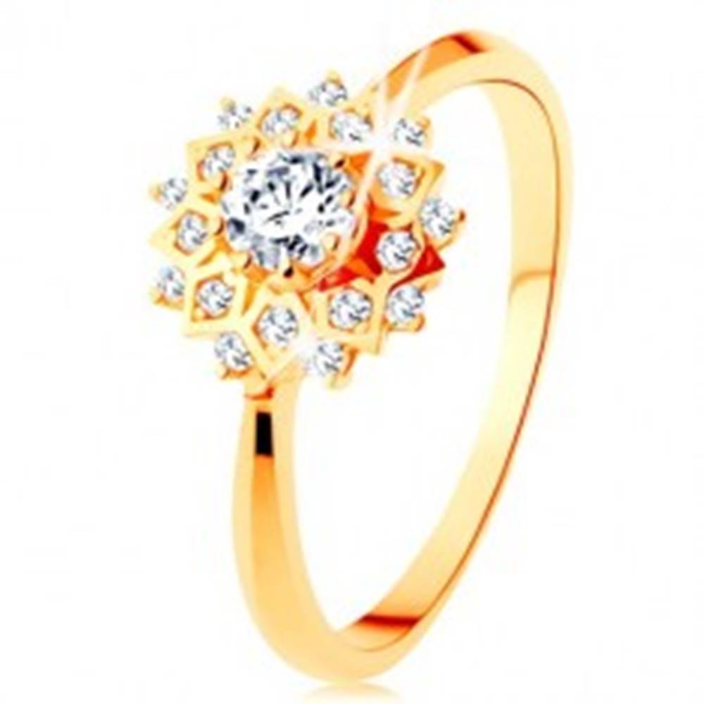 Šperky eshop Zlatý prsteň 375 - trblietavé slnko zdobené okrúhlymi čírymi zirkónikmi - Veľkosť: 51 mm