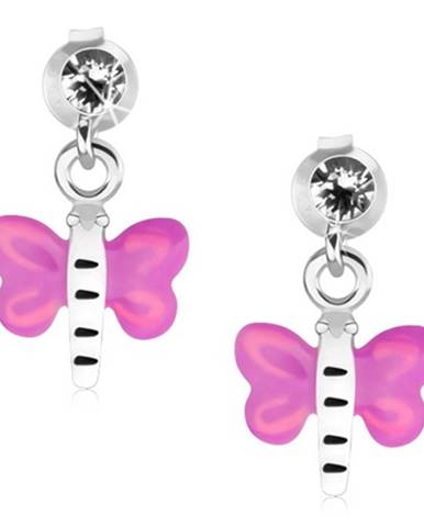 Strieborné náušnice 925, číry krištáľ, motýľ s fialovo-ružovými krídlami