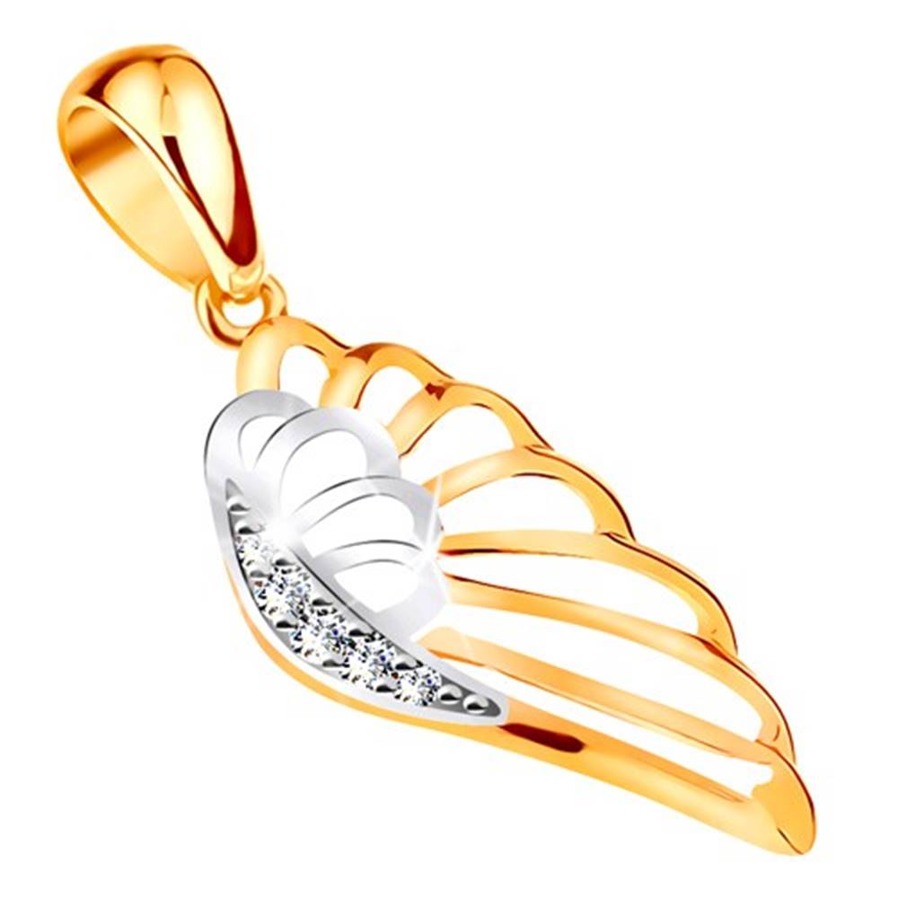 Šperky eshop Prívesok zo 14K zlata - vyrezávané anjelské krídlo, žlté a biele zlato, zirkóny