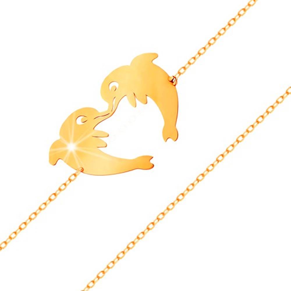 Šperky eshop Zlatý náramok 585 - dva delfíny tvoriace kontúru srdiečka, jemná retiazka