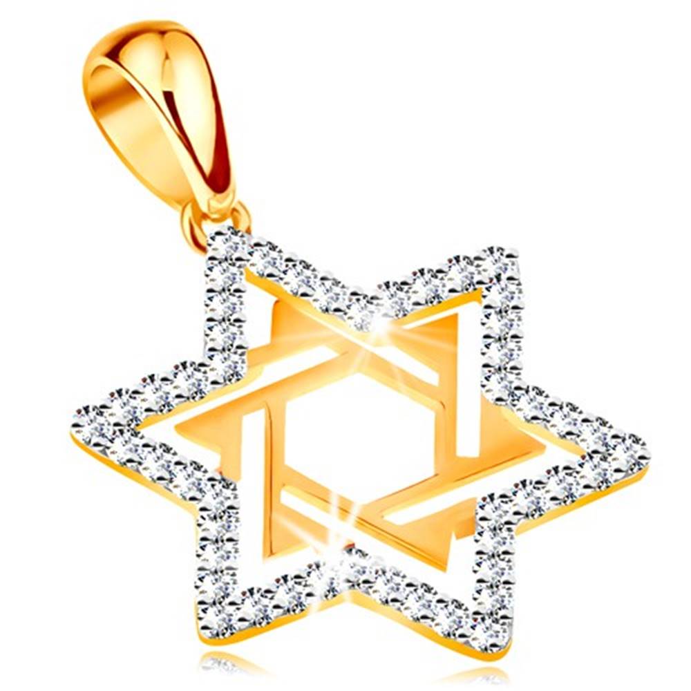 Šperky eshop Zlatý prívesok 585 - Dávidova hviezda zdobená čírymi zirkónmi a výrezmi