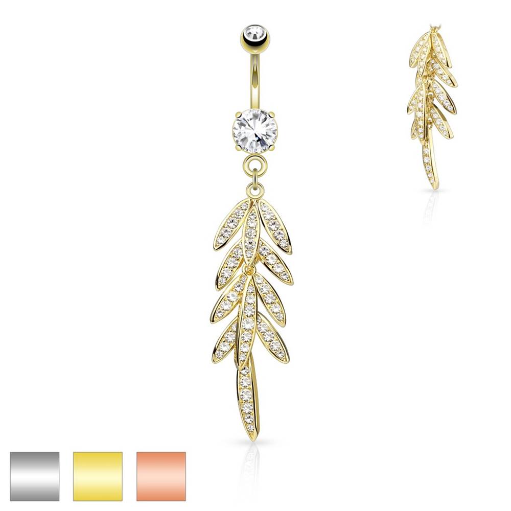 Šperky eshop Piercing do bruška z ocele - visiace listy so zirkónikmi, trblietavý zirkón v kotlíku - Farba piercing: Medená
