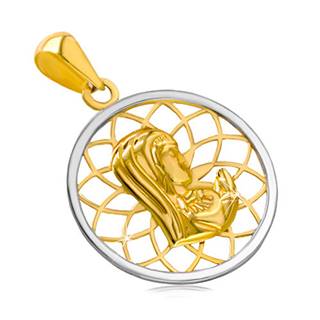 Ródiovaný zlatý 14K prívesok - kontúra kruhu s Pannou Máriou uprostred
