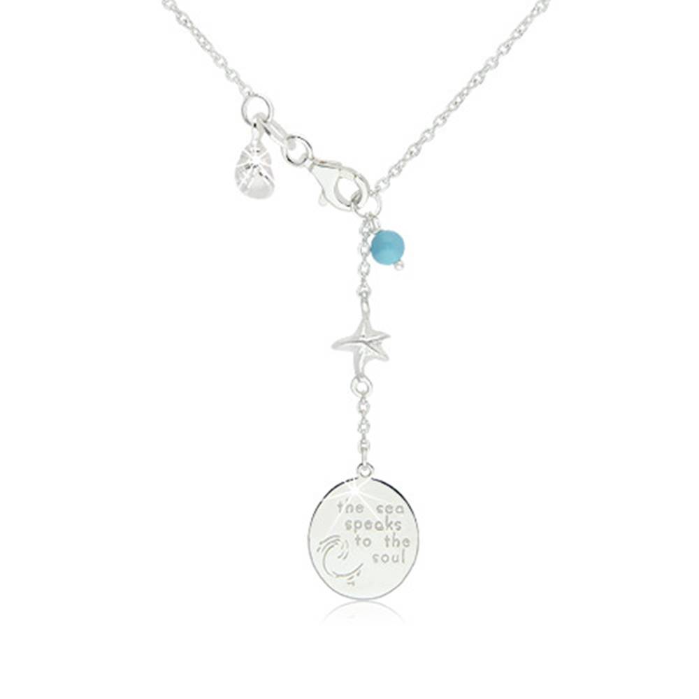 Šperky eshop Lesklý náhrdelník zo striebra 925 - modrá gulička, hviezdica, mušľa a známka s nápisom