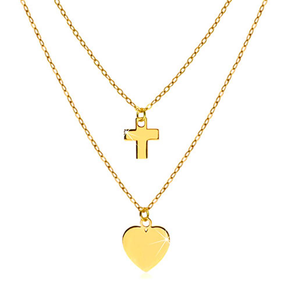 Šperky eshop Náhrdelník v žltom 14K zlate - lesklé symetrické srdiečko a kontúra krížika