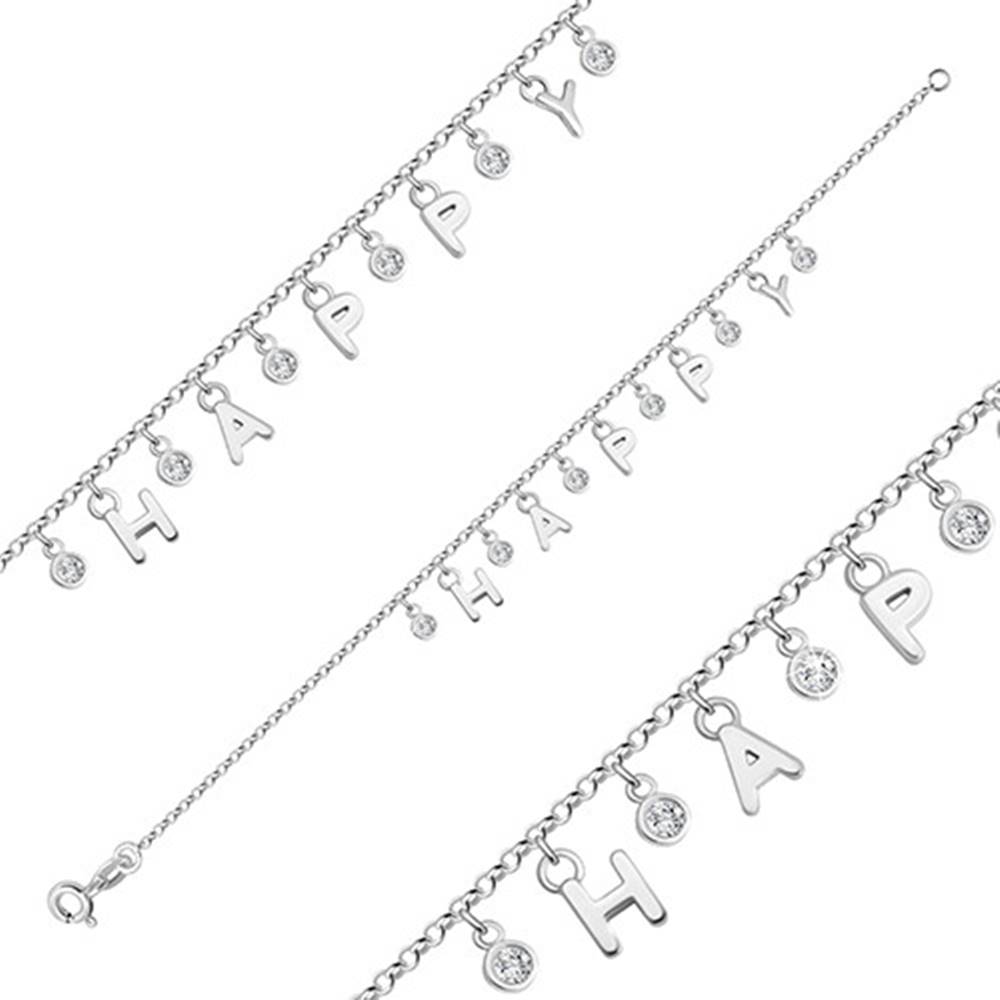 Šperky eshop Náramok zo striebra 925 - písmenka vytvárajúce nápis "HAPPY", okrúhle číre zirkóny