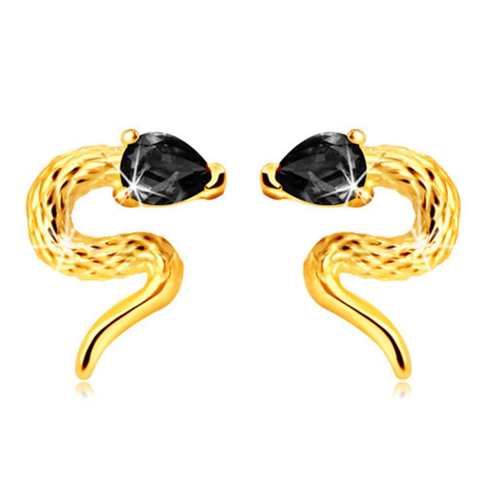 Šperky eshop Puzetové náušnice zo žltého 9K zlata - zatočený hadík so zirkónovou hlavičkou čiernej farby