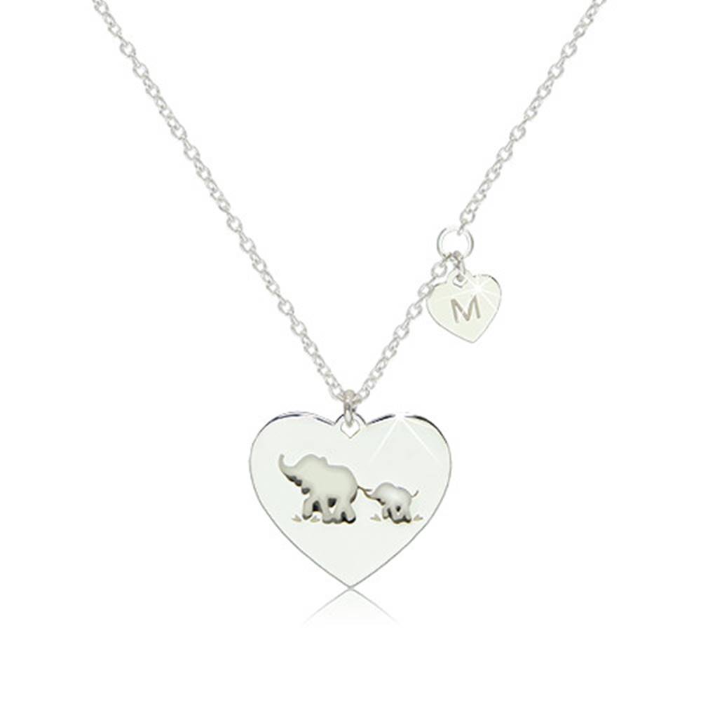 Šperky eshop Strieborný 925 náhrdelník - dve lesklé symetrické srdiečka so sloníkmi a písmenom "M"