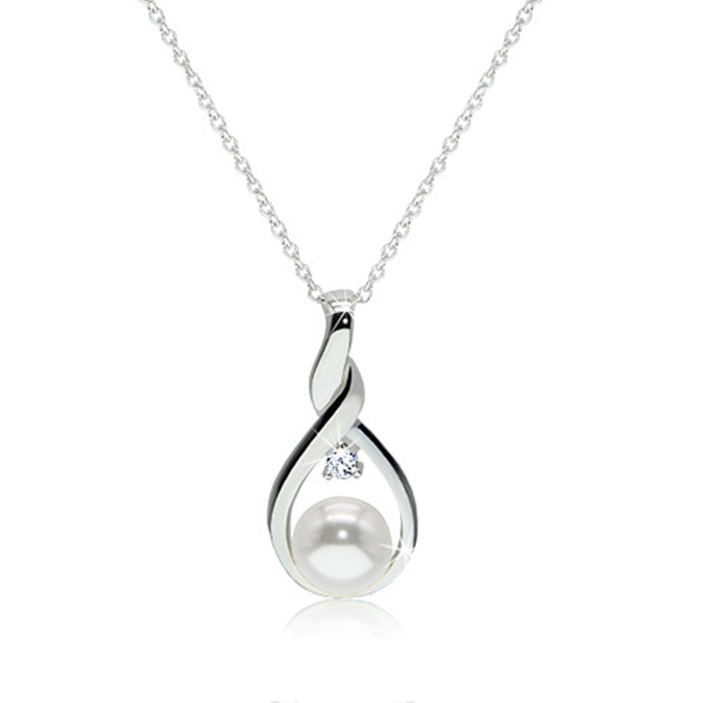 Šperky eshop Strieborný 925 náhrdelník - kontúra zatočenej slzy s bielou perlou a čírym zirkónom uprostred