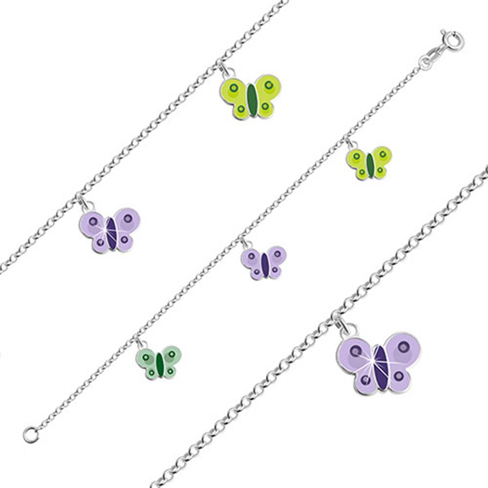Šperky eshop Strieborný náramok 925 pre deti - motýliky so zelenou a fialovou glazúrou