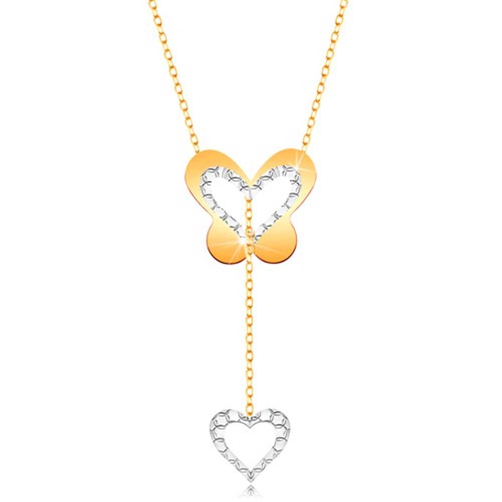 Šperky eshop Zlatý 9K náhrdelník - motýľ s výrezom a visiacou kontúrou srdiečka na retiazke