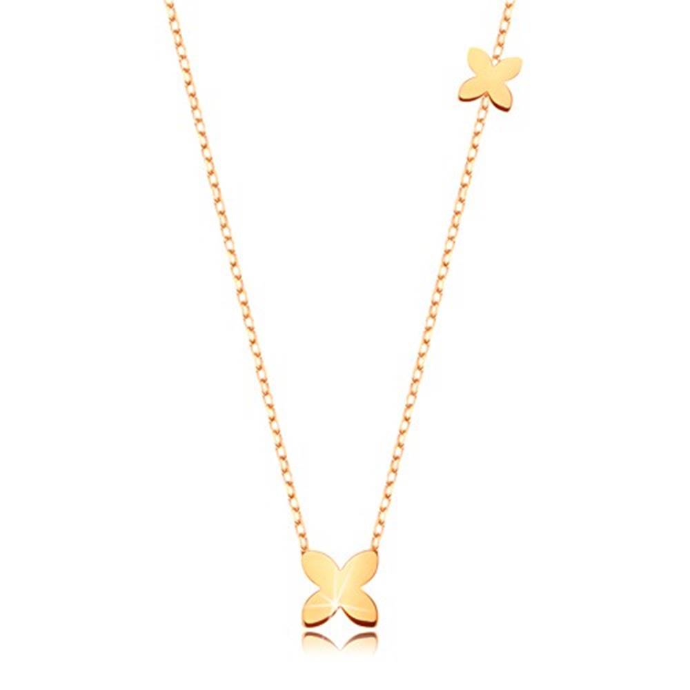 Šperky eshop Zlatý 9K náhrdelník - tenká retiazka, dva jednoduché lesklé kvietky