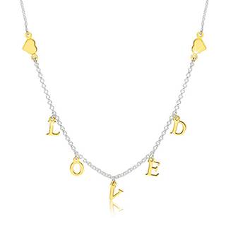 Strieborný 925 náhrdelník - lesklé srdiečka a nápis "LOVED" v zlatom odtieni