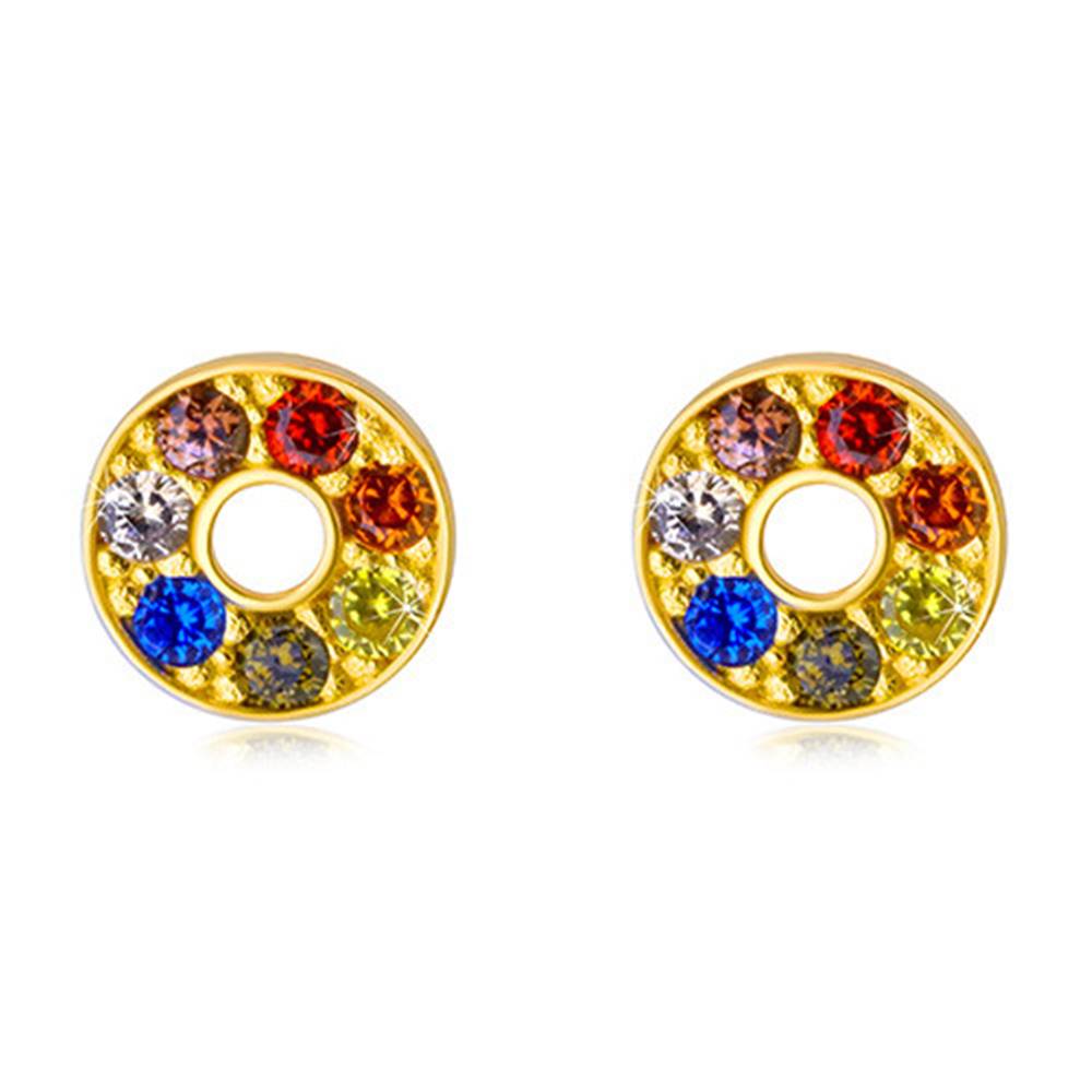 Šperky eshop Lesklé zlaté náušnice 585 - kontúra kruhu s farebnými zirkónmi a výrezom uprostred