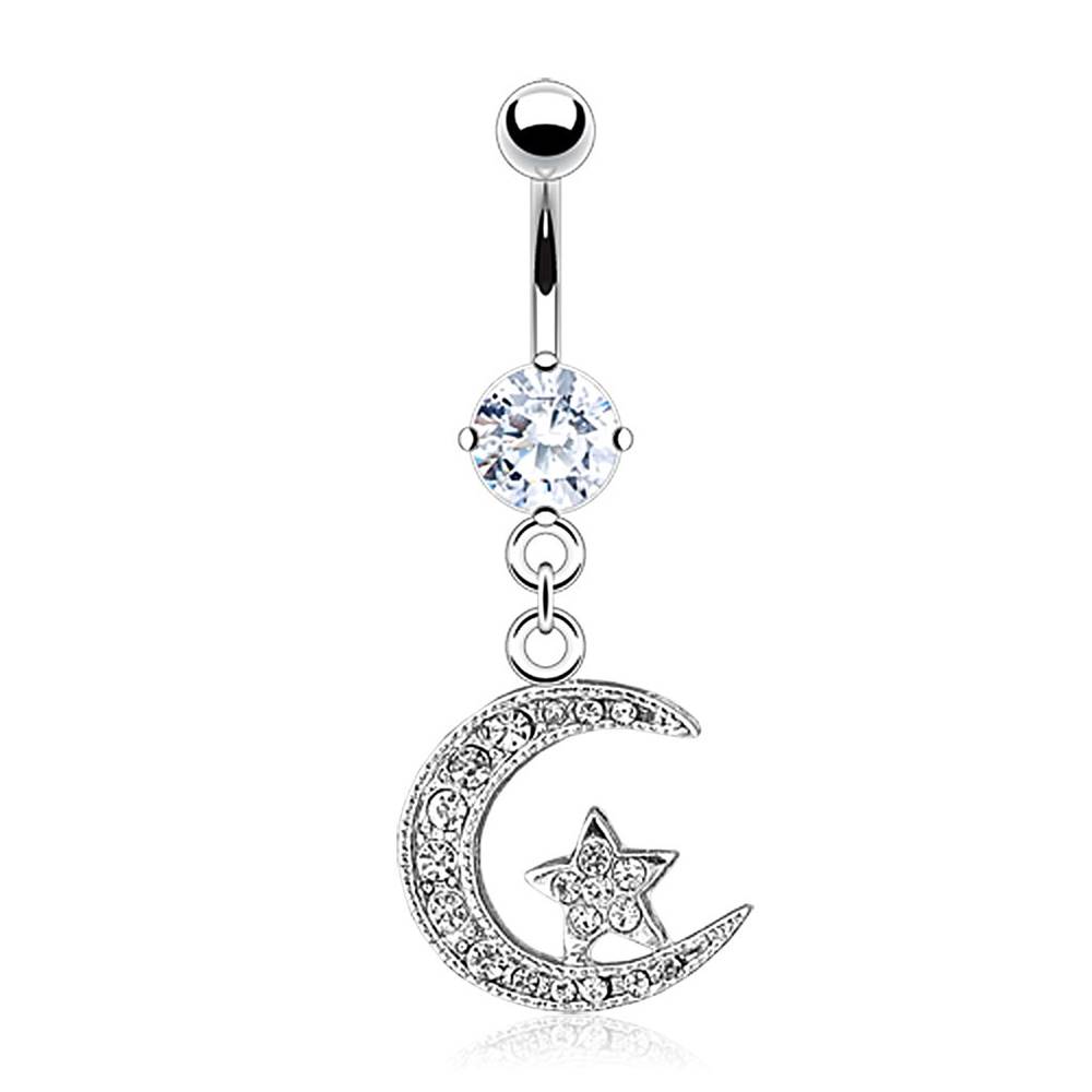 Šperky eshop Oceľový piercing do bruška, cíp mesiaca a hviezda, číre zirkóny