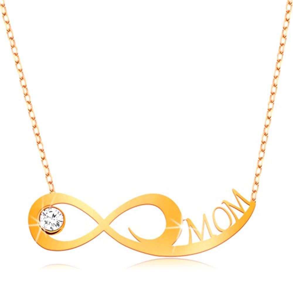 Šperky eshop Zlatý náhrdelník 585 - symbol nekonečna, číry zirkón a nápis MOM
