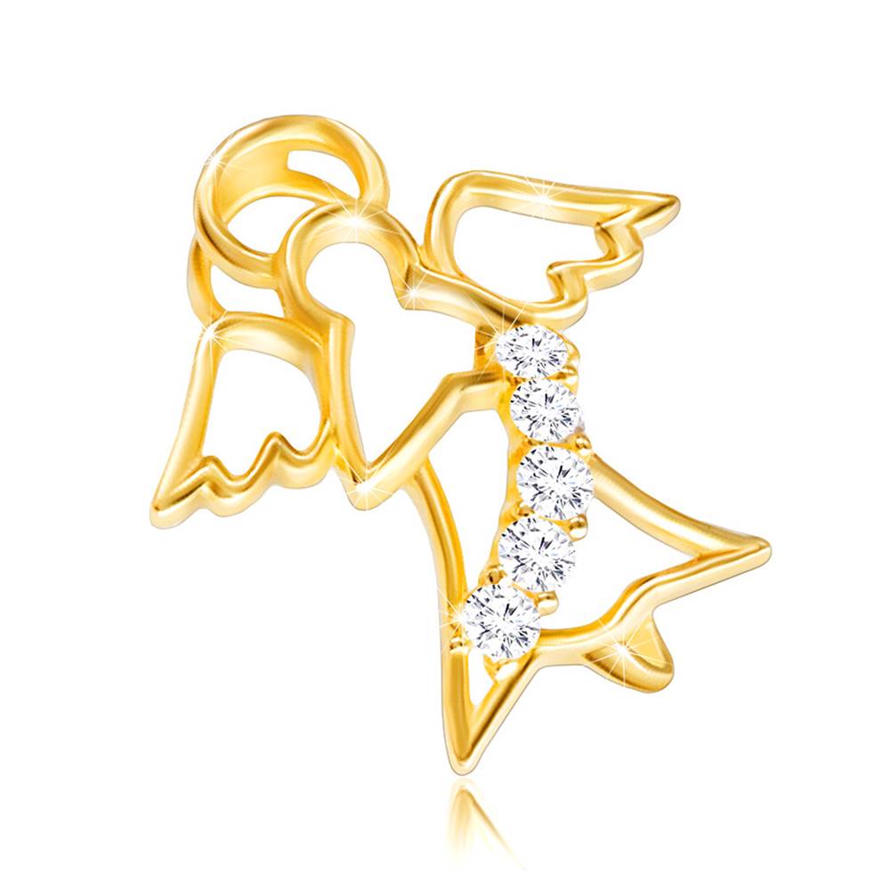 Šperky eshop Lesklý zlatý 585 prívesok - kontúra anjela s vyrezávanými krídelkami a zirkónovým pásom