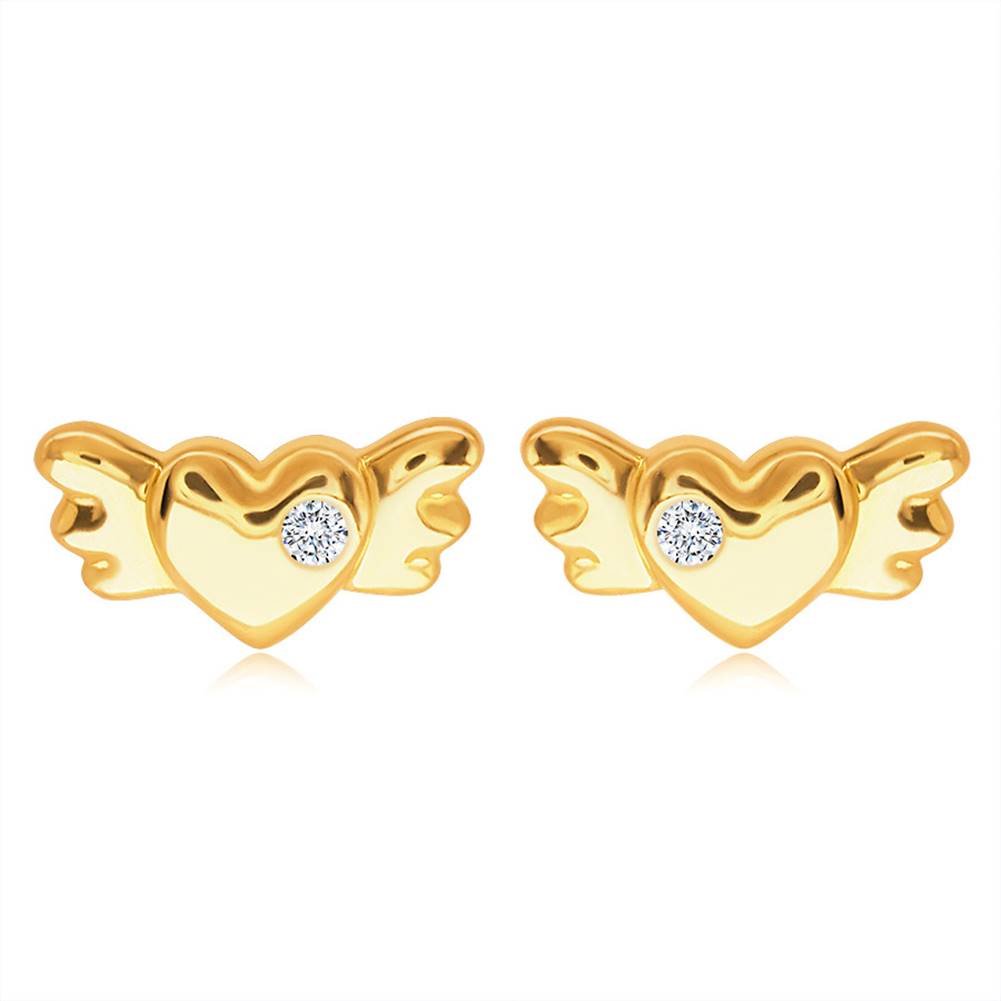 Šperky eshop Puzetové zlaté 14K náušnice - plné symetrické srdiečko s krídlami a čírym zirkónom